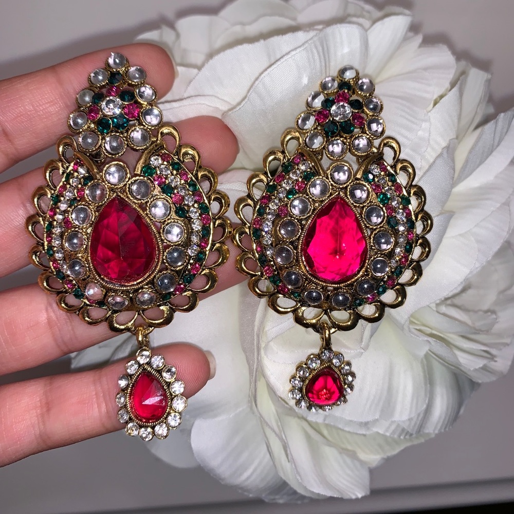 Pink & emerald bejeweled hanging earrings